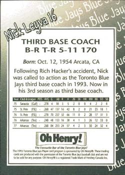 1995 Oh Henry! Toronto Blue Jays SGA #NNO Nick Leyva Back