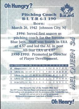1997 Oh Henry! Toronto Blue Jays SGA #NNO Mel Queen Back