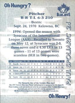 1997 Oh Henry! Toronto Blue Jays SGA #NNO Paul Spoljaric Back