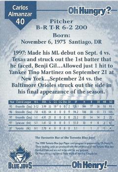 1998 Oh Henry! Toronto Blue Jays SGA #NNO Carlos Almanzar Back