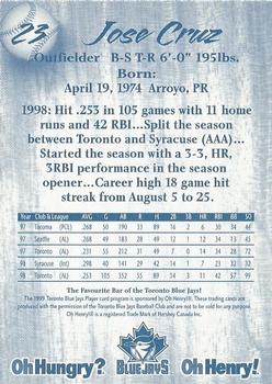 1999 Oh Henry! Toronto Blue Jays SGA #NNO Jose Cruz Jr. Back