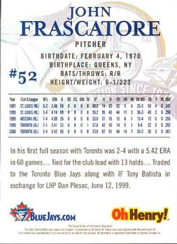 2001 Oh Henry! Toronto Blue Jays SGA #NNO John Frascatore Back