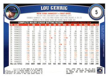 2011 Topps - Cognac Diamond Anniversary #5 Lou Gehrig Back