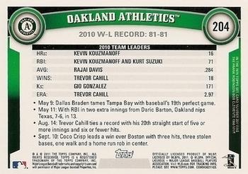 2011 Topps - Cognac Diamond Anniversary #204 Oakland Athletics Back