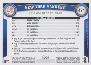 2011 Topps - Cognac Diamond Anniversary #424 New York Yankees Back