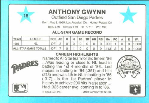 1987 Donruss All-Stars #16 Tony Gwynn Back