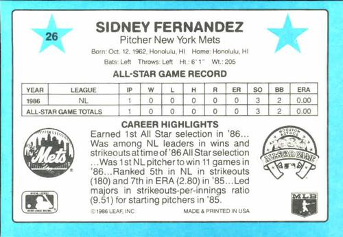1987 Donruss All-Stars #26 Sid Fernandez Back