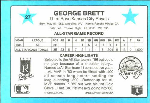 1987 Donruss All-Stars #27 George Brett Back