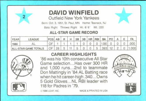 1987 Donruss All-Stars #2 Dave Winfield Back