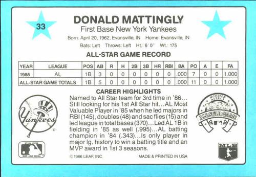 1987 Donruss All-Stars #33 Don Mattingly Back