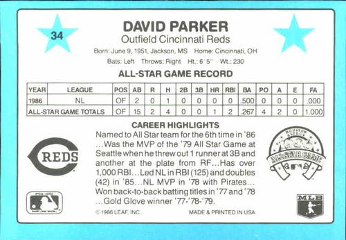 1987 Donruss All-Stars #34 Dave Parker Back