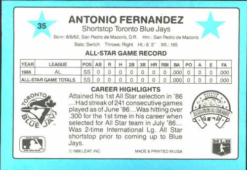 1987 Donruss All-Stars #35 Tony Fernandez Back