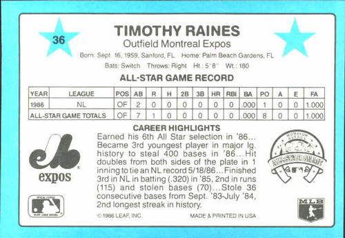 1987 Donruss All-Stars #36 Tim Raines Back