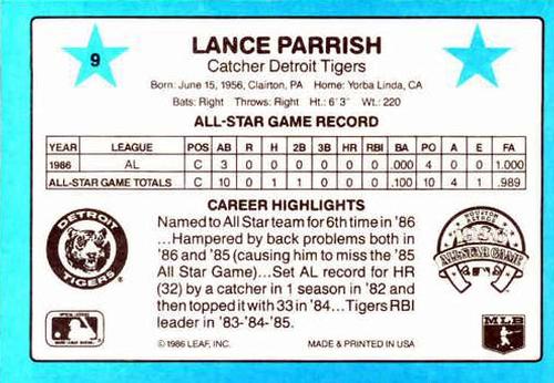 1987 Donruss All-Stars #9 Lance Parrish Back
