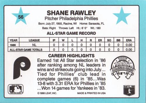 1987 Donruss All-Stars #56 Shane Rawley Back
