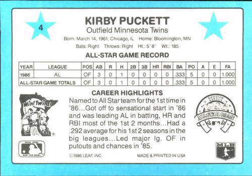 1987 Donruss All-Stars #4 Kirby Puckett Back
