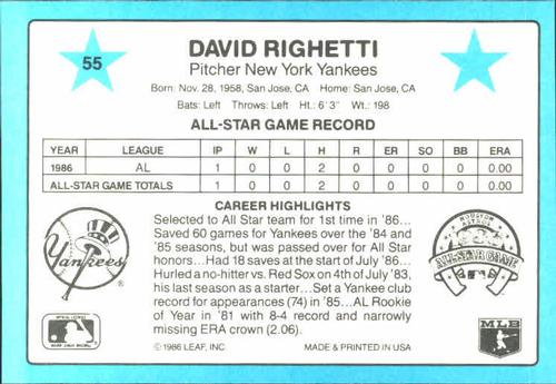 1987 Donruss All-Stars #55 Dave Righetti Back