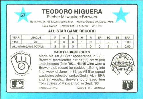 1987 Donruss All-Stars #57 Ted Higuera Back