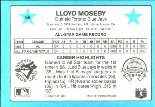 1987 Donruss All-Stars #59 Lloyd Moseby Back