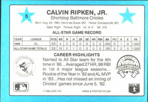1987 Donruss All-Stars #5 Cal Ripken, Jr. Back