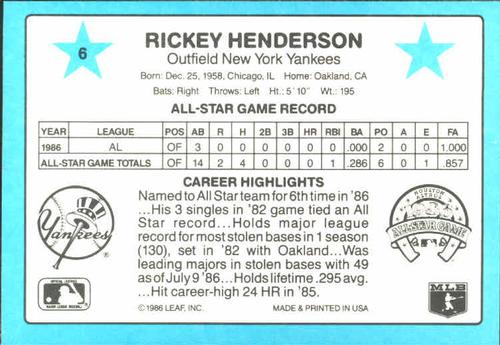 1987 Donruss All-Stars #6 Rickey Henderson Back