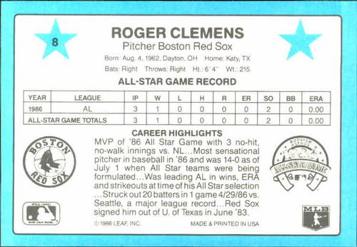 1987 Donruss All-Stars #8 Roger Clemens Back