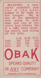 1909-11 Obak (T212) #NNO Thomas Madden Back