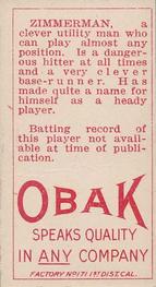1909-11 Obak (T212) #NNO L. E. Zimmerman Back