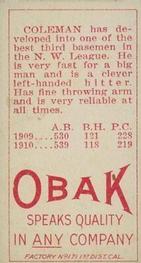 1909-11 Obak (T212) #NNO Curt Coleman Back