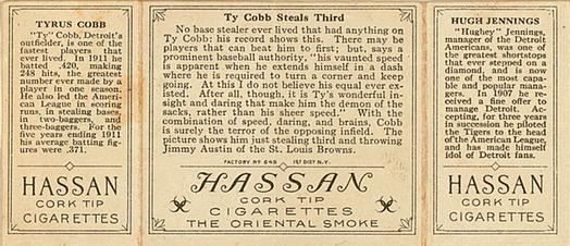 1912 Hassan Triple Folders T202 #NNO Ty Cobb Steals Third (Hughie Jennings MG / Ty Cobb) Back
