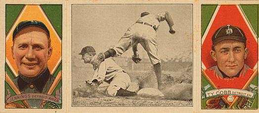 1912 Hassan Triple Folders T202 #NNO Ty Cobb Steals Third (Hughie Jennings MG / Ty Cobb) Front