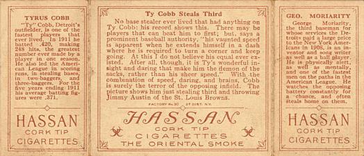 1912 Hassan Triple Folders T202 #NNO Ty Cobb Steals Third (George Moriarty / Ty Cobb) Back