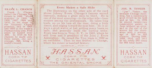1912 Hassan Triple Folders T202 #NNO Evers Makes a Safe Slide (Joe Tinker / Frank Chance) Back