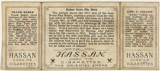 1912 Hassan Triple Folders T202 #NNO Baker Gets His Man (Eddie Collins / Frank Baker) Back