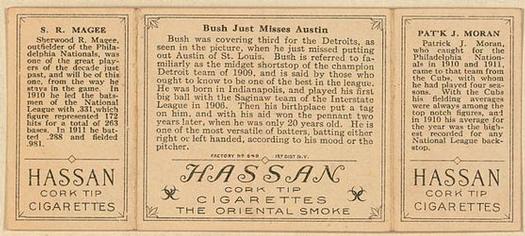 1912 Hassan Triple Folders T202 #NNO Bush Just Misses Austin (Pat Moran / Sherry Magee) Back