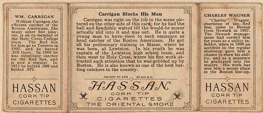 1912 Hassan Triple Folders T202 #NNO Carrigan Blocks His Man (Heinie Wagner / Bill Carrigan) Back