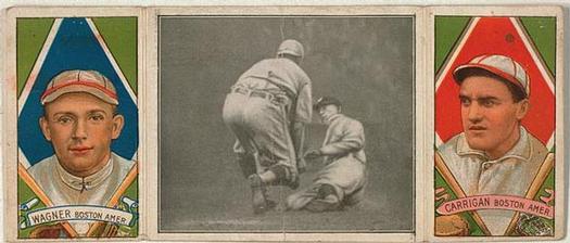 1912 Hassan Triple Folders T202 #NNO Carrigan Blocks His Man (Heinie Wagner / Bill Carrigan) Front