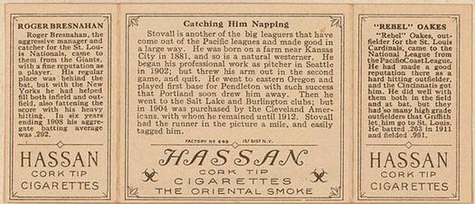 1912 Hassan Triple Folders T202 #NNO Catching Him Napping (Rebel Oakes / Roger Bresnahan) Back