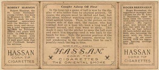 1912 Hassan Triple Folders T202 #NNO Caught Asleep Off First (Roger Bresnahan / Robert Harmon) Back