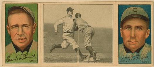 1912 Hassan Triple Folders T202 #NNO Chance Beats Out a Hit (Frank Chance / Bill Foxen) Front