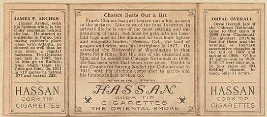 1912 Hassan Triple Folders T202 #NNO Chance Beats Out a Hit (Orval Overall / Jimmy Archer) Back