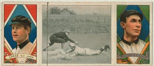1912 Hassan Triple Folders T202 #NNO Chase Dives into Third (Hal Chase / Harry Wolter) Front