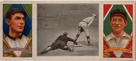 1912 Hassan Triple Folders T202 #NNO Chase Gets Ball Too Late (Harry Wolter / Hal Chase) Front