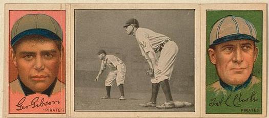 1912 Hassan Triple Folders T202 #NNO Chase Guarding First (George Gibson / Fred Clarke) Front