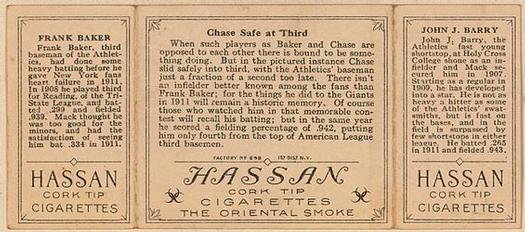 1912 Hassan Triple Folders T202 #NNO Chase Safe at Third (Jack Barry / Frank Baker) Back