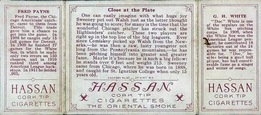 1912 Hassan Triple Folders T202 #NNO Close at the Plate (Doc White / Fred Payne) Back