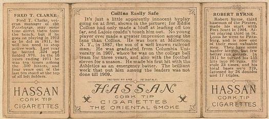 1912 Hassan Triple Folders T202 #NNO Collins Easily Safe (Bobby Byrne / Fred Clarke) Back