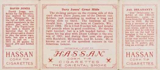 1912 Hassan Triple Folders T202 #NNO Davy Jones Great Slide (Jim Delahanty / Davy Jones) Back