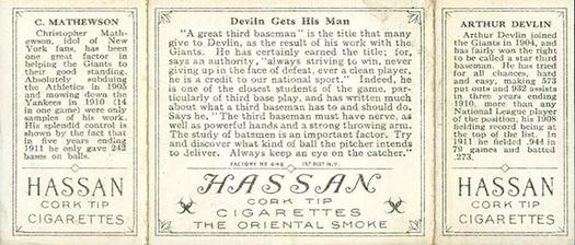 1912 Hassan Triple Folders T202 #NNO Devlin Gets His Man (Art Devlin (Giants) / Christy Mathewson) Back