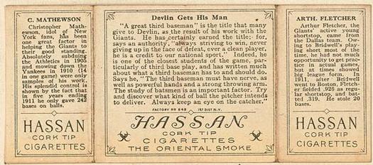 1912 Hassan Triple Folders T202 #NNO Devlin Gets His Man (Art Fletcher / Christy Mathewson) Back